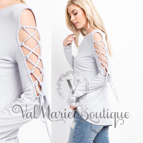 Gray Laceup sleeve top - Picture 2 of 4